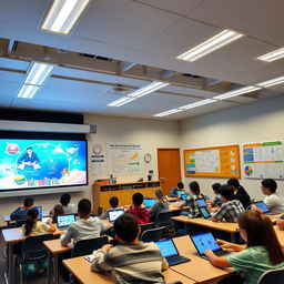 A modern classroom featuring a large digital smart board displaying vibrant colors and interactive educational content