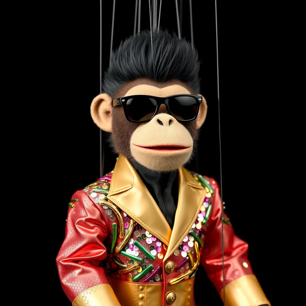 A marionette puppet with a monkey face, wearing stylish sunglasses and sporting a slick black pompadour hairstyle