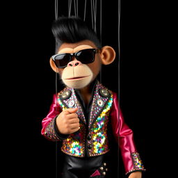 A marionette puppet with a monkey face, wearing stylish sunglasses and sporting a slick black pompadour hairstyle