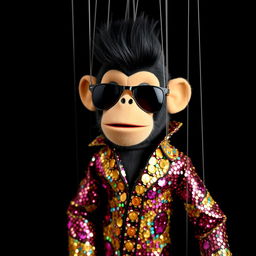 A marionette puppet with a monkey face, wearing stylish sunglasses and sporting a slick black pompadour hairstyle