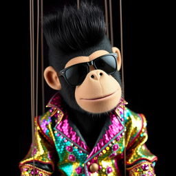 A marionette puppet with a monkey face, wearing stylish sunglasses and sporting a slick black pompadour hairstyle