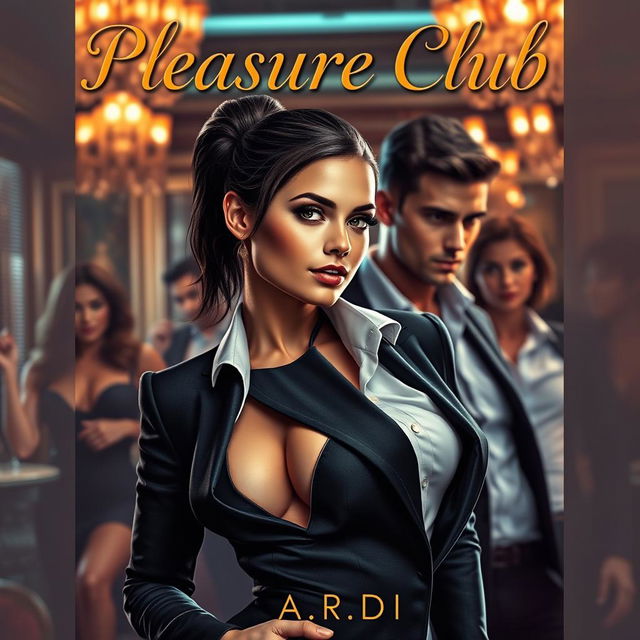 An enticing cover for an erotic romance novel titled 'Pleasure Club', featuring a stunning female manager in a fitted, stylish suit prominently in the foreground