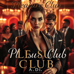 An enticing cover for an erotic romance novel titled 'Pleasure Club', featuring a stunning female manager in a fitted, stylish suit prominently in the foreground