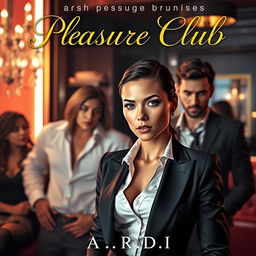 An enticing cover for an erotic romance novel titled 'Pleasure Club', featuring a stunning female manager in a fitted, stylish suit prominently in the foreground