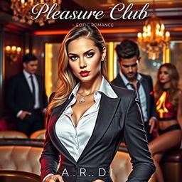 An enticing cover for an erotic romance novel titled 'Pleasure Club', featuring a stunning female manager in a fitted, stylish suit prominently in the foreground