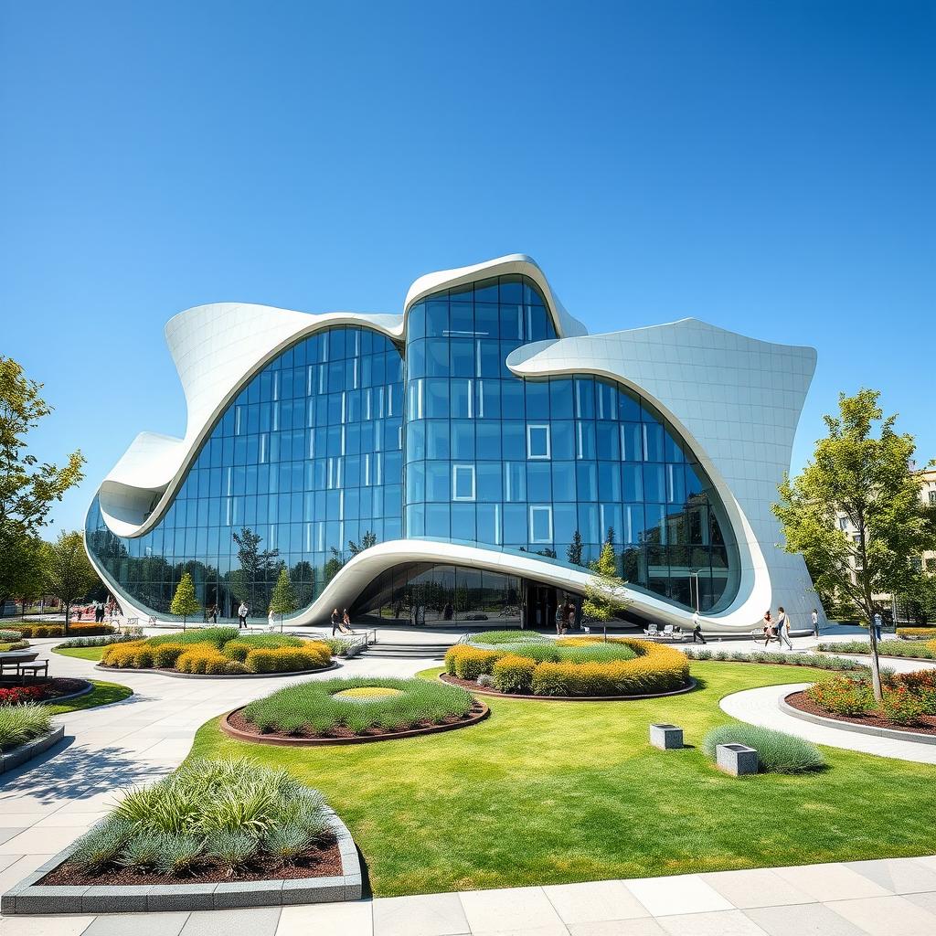 A futuristic modern building designed uniquely in the shape of the map of Ukraine, showcasing an avant-garde architectural style characterized by clean lines and innovative forms