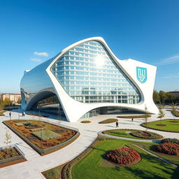 A futuristic modern building designed uniquely in the shape of the map of Ukraine, showcasing an avant-garde architectural style characterized by clean lines and innovative forms