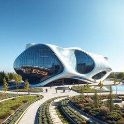 A futuristic modern building designed uniquely in the shape of the map of Ukraine, showcasing an avant-garde architectural style characterized by clean lines and innovative forms