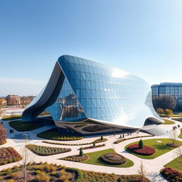 A futuristic modern building designed uniquely in the shape of the map of Ukraine, showcasing an avant-garde architectural style characterized by clean lines and innovative forms