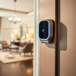 A close-up view of a high-tech door sensor installed on a modern door, showcasing its sleek design and shiny metallic finish