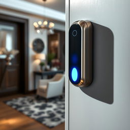 A close-up view of a high-tech door sensor installed on a modern door, showcasing its sleek design and shiny metallic finish