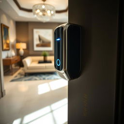 A close-up view of a high-tech door sensor installed on a modern door, showcasing its sleek design and shiny metallic finish