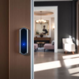 A close-up view of a high-tech door sensor installed on a modern door, showcasing its sleek design and shiny metallic finish