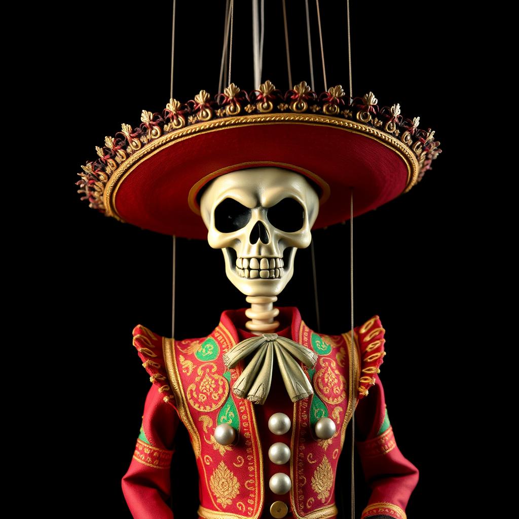 A marionette puppet with a skeletal face, designed in a traditional Mariachi outfit complete with a sombrero and ornate details