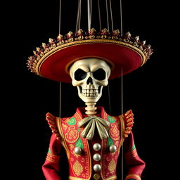 A marionette puppet with a skeletal face, designed in a traditional Mariachi outfit complete with a sombrero and ornate details