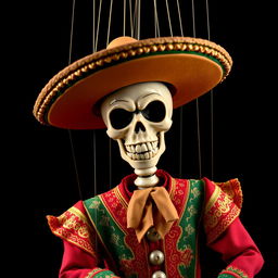 A marionette puppet with a skeletal face, designed in a traditional Mariachi outfit complete with a sombrero and ornate details