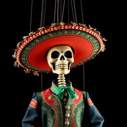 A marionette puppet with a skeletal face, designed in a traditional Mariachi outfit complete with a sombrero and ornate details