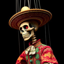 A marionette puppet with a skeletal face, designed in a traditional Mariachi outfit complete with a sombrero and ornate details