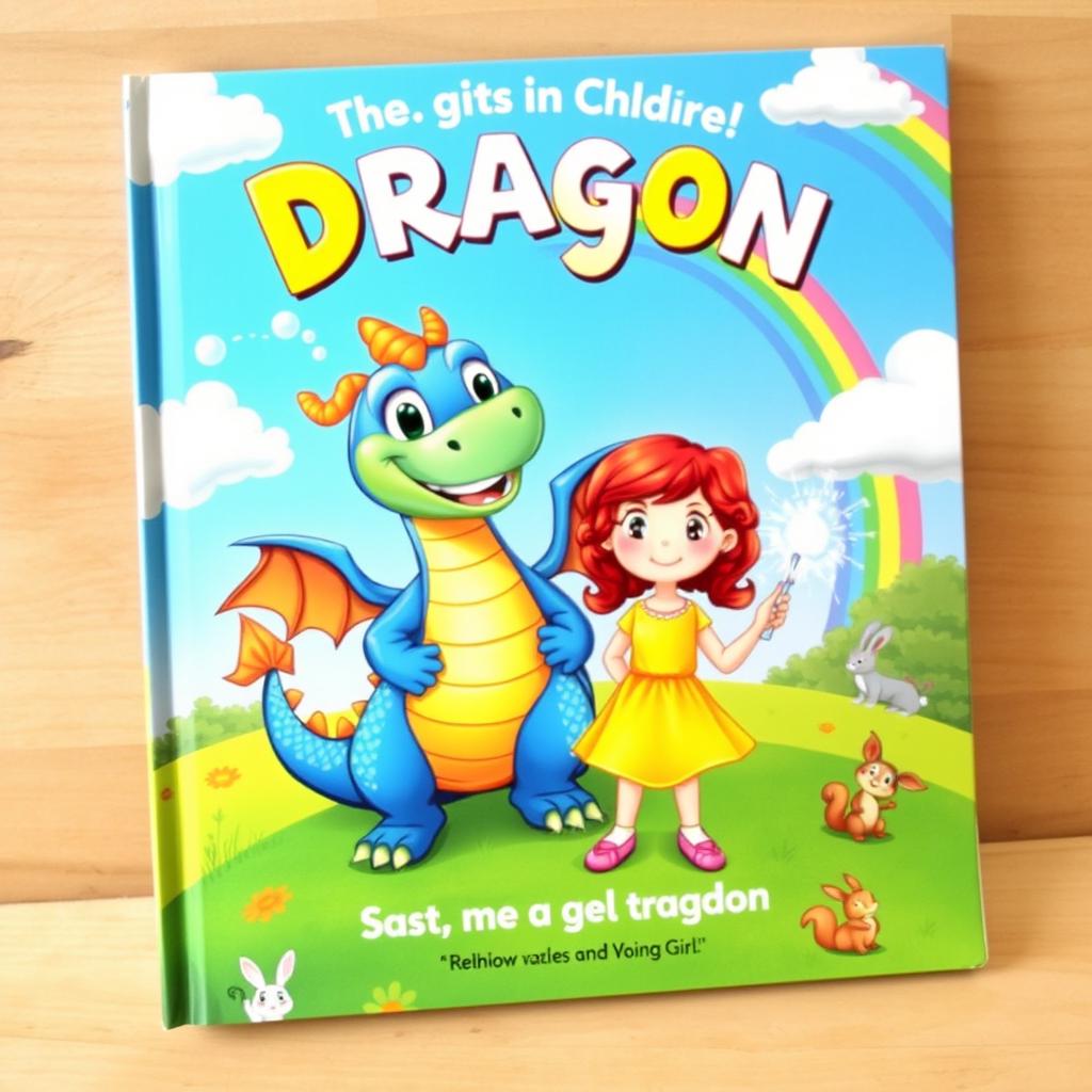 A colorful and whimsical children's book cover featuring a friendly cartoon dragon and a brave young girl standing together on a lush green hill