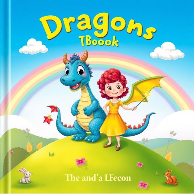 A colorful and whimsical children's book cover featuring a friendly cartoon dragon and a brave young girl standing together on a lush green hill