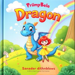 A colorful and whimsical children's book cover featuring a friendly cartoon dragon and a brave young girl standing together on a lush green hill