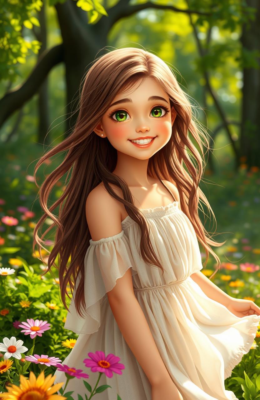 A stunning girl named Raya with long flowing brown hair and sparkling green eyes, joyfully connecting with nature