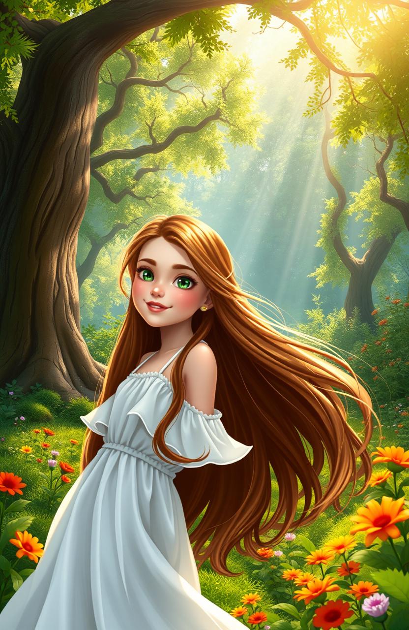 A stunning girl named Raya with long flowing brown hair and sparkling green eyes, joyfully connecting with nature