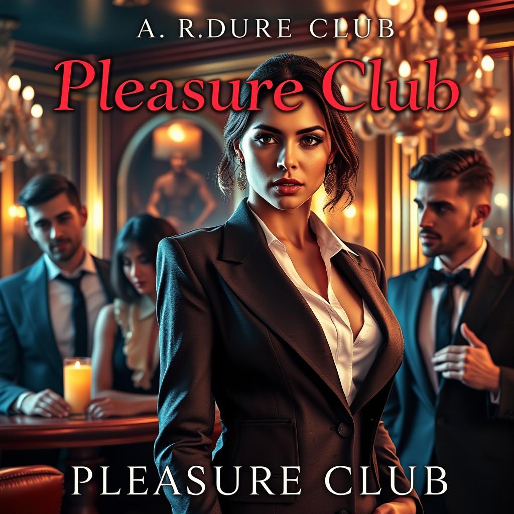 An enticing book cover for the erotic romance novel titled 'Pleasure Club', featuring a stunning female manager in a chic, well-fitted suit prominently in the foreground