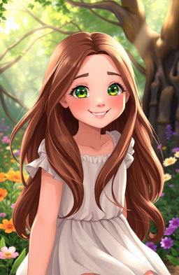 A stunning girl named Raya with long flowing brown hair and sparkling green eyes, joyfully connecting with nature