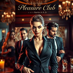 An enticing book cover for the erotic romance novel titled 'Pleasure Club', featuring a stunning female manager in a chic, well-fitted suit prominently in the foreground