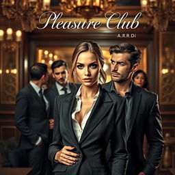 An enticing book cover for the erotic romance novel titled 'Pleasure Club', featuring a stunning female manager in a chic, well-fitted suit prominently in the foreground