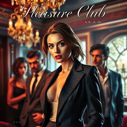 An enticing book cover for the erotic romance novel titled 'Pleasure Club', featuring a stunning female manager in a chic, well-fitted suit prominently in the foreground