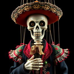 A marionette puppet with a skeletal face, intricately dressed in a traditional Mariachi outfit complete with a charro jacket and embellished sombrero