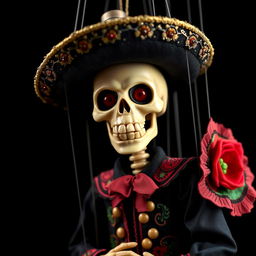 A marionette puppet with a skeletal face, intricately dressed in a traditional Mariachi outfit complete with a charro jacket and embellished sombrero