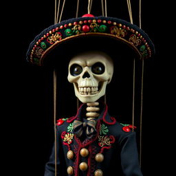 A marionette puppet with a skeletal face, intricately dressed in a traditional Mariachi outfit complete with a charro jacket and embellished sombrero