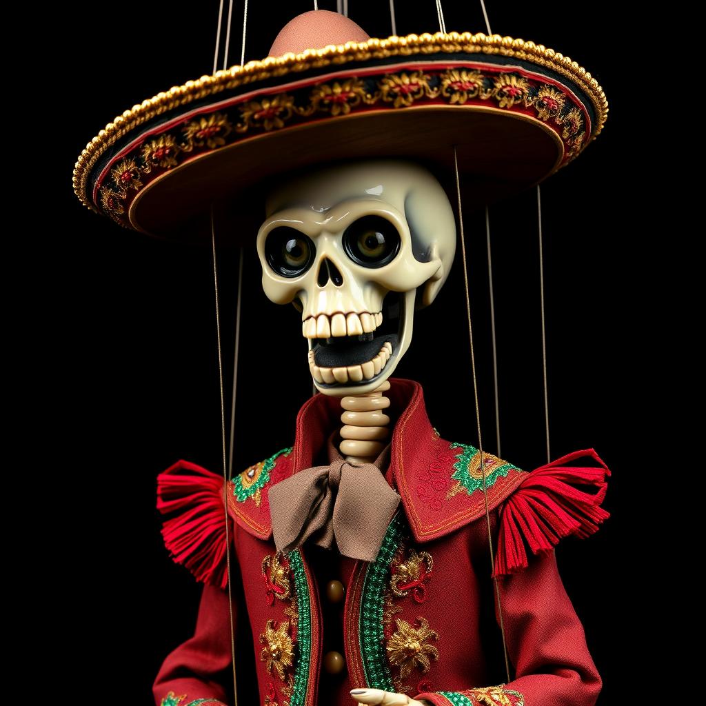 A marionette puppet with a skeletal face, intricately dressed in a traditional Mariachi outfit complete with a charro jacket and embellished sombrero