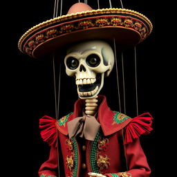 A marionette puppet with a skeletal face, intricately dressed in a traditional Mariachi outfit complete with a charro jacket and embellished sombrero