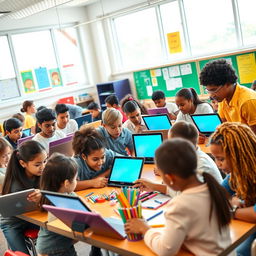 A vibrant classroom scene filled with diverse students of various ethnicities using a mix of tablets and laptops