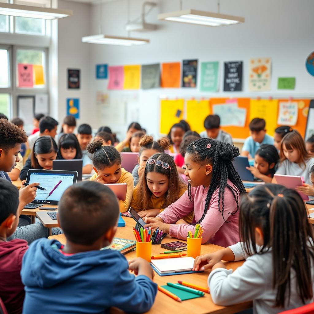 A vibrant classroom scene filled with diverse students of various ethnicities using a mix of tablets and laptops