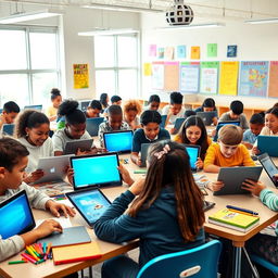 A vibrant classroom scene filled with diverse students of various ethnicities using a mix of tablets and laptops