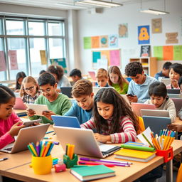 A vibrant classroom scene filled with diverse students of various ethnicities using a mix of tablets and laptops