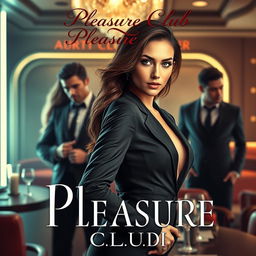 A captivating book cover for an erotic romance novel titled 'Pleasure Club', featuring a beautiful female manager in a fitted, elegant suit prominently displayed in the foreground