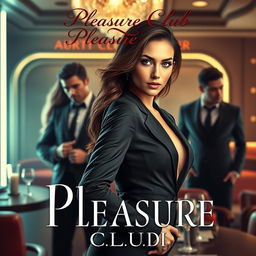 A captivating book cover for an erotic romance novel titled 'Pleasure Club', featuring a beautiful female manager in a fitted, elegant suit prominently displayed in the foreground