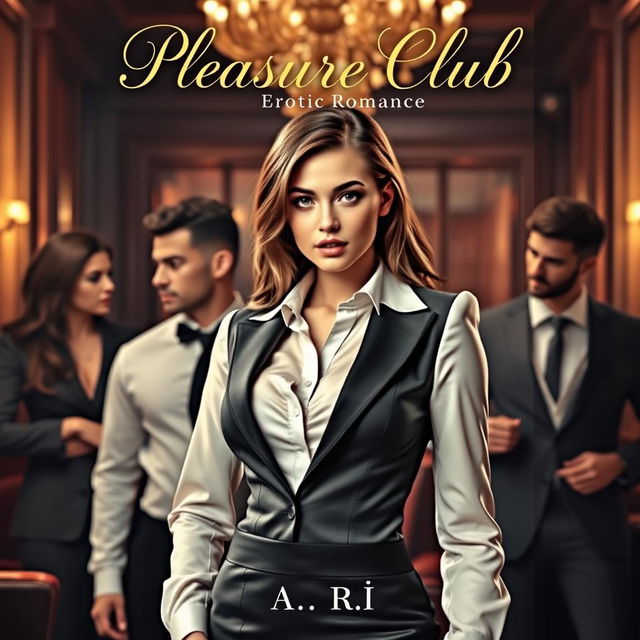 A captivating book cover for an erotic romance novel titled 'Pleasure Club', featuring a beautiful female manager in a fitted, elegant suit prominently displayed in the foreground