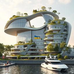 A super photorealistic image of a modern building designed to resemble the silhouette of the map of Ukraine