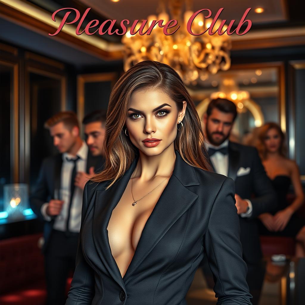 An alluring cover for an erotic romance novel titled 'Pleasure Club', featuring a beautiful female manager in a sleek, tailored suit as the focal point in the foreground