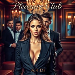 An alluring cover for an erotic romance novel titled 'Pleasure Club', featuring a beautiful female manager in a sleek, tailored suit as the focal point in the foreground