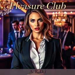 An alluring cover for an erotic romance novel titled 'Pleasure Club', featuring a beautiful female manager in a sleek, tailored suit as the focal point in the foreground