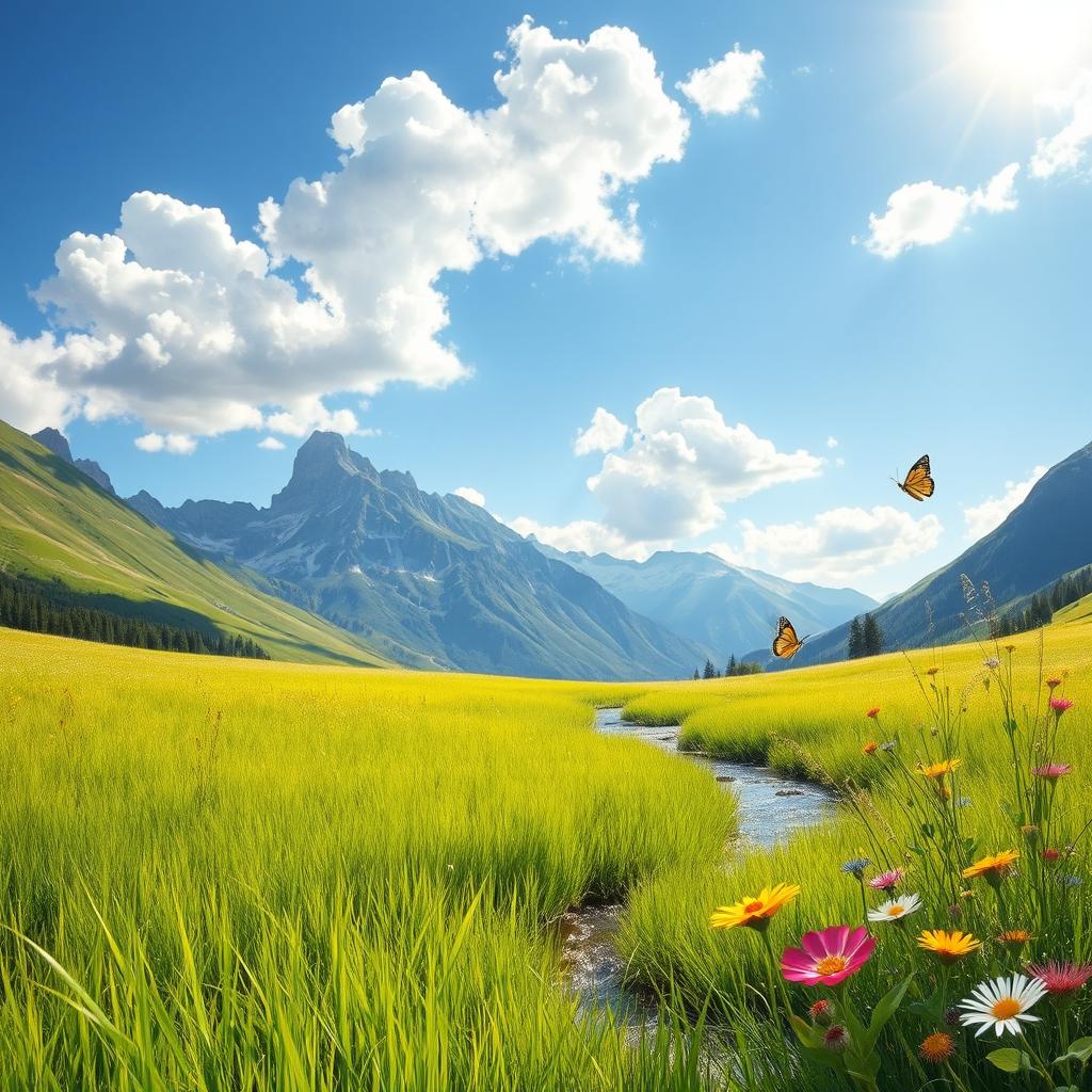 A serene landscape depicting a lush green meadow bathed in warm sunlight, with a gentle breeze causing the tall grasses to sway