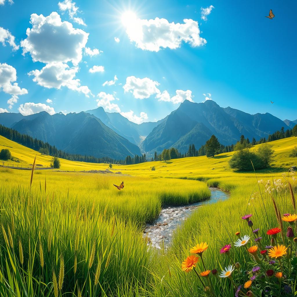 A serene landscape depicting a lush green meadow bathed in warm sunlight, with a gentle breeze causing the tall grasses to sway